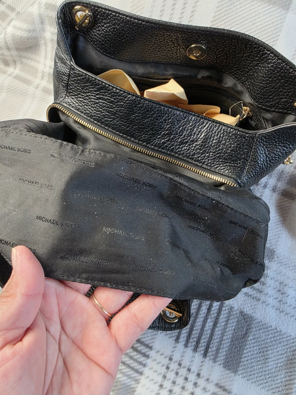 Michael Kors Black Pebbled Leather Shoulder Bag with Gold Accents